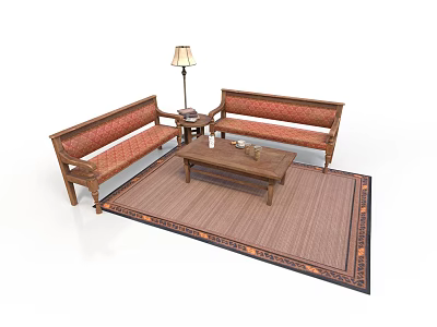 Elegant Loungers With Wooden Frame Red Cushions Coffee Table Lamp And Rug In Living Room 3d model