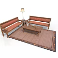 Elegant Loungers With Wooden Frame Red Cushions Coffee Table Lamp And Rug In Living Room