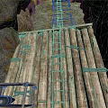 Underground Mine Shaft Interior With Wooden Beams Metal Ladder And Barrels
