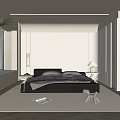 Modern Minimalist Bedroom Interior With Black Bed White Table Lamp Blinds And Geometric Rug