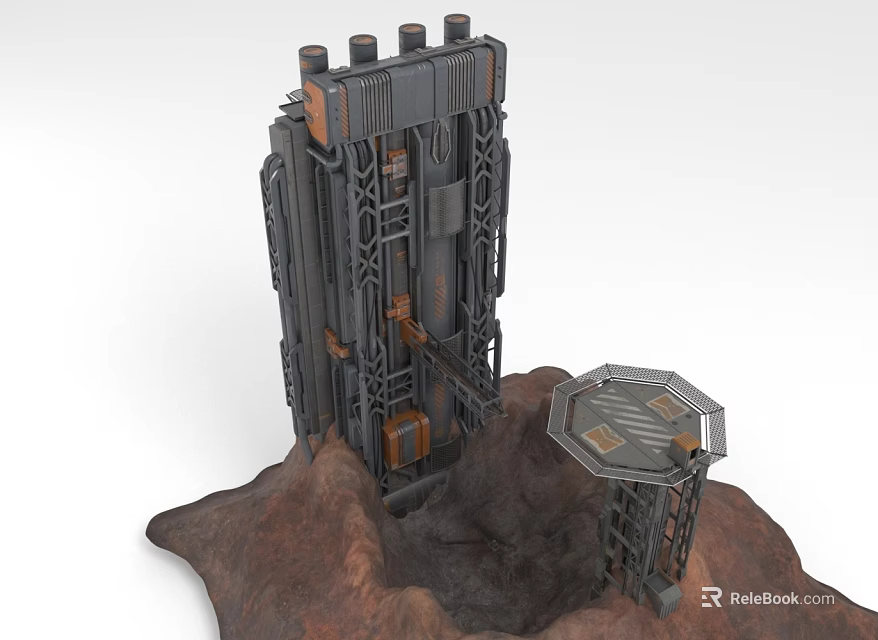 Tall Industrial Double Doors With Metal Frame On Rocky Ground Platform 3d model 