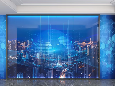 Modern Technology Background Wall Featuring Blue Tech Design World Map City Night View Hexagon Elements 3d model