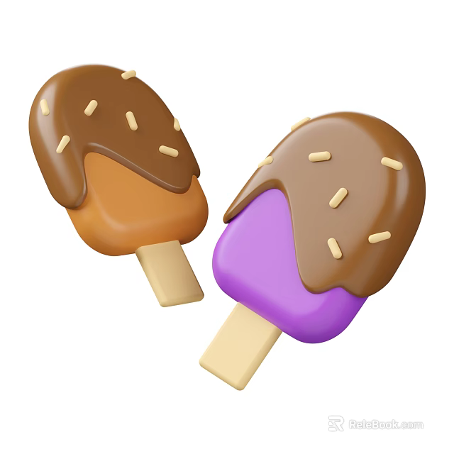 Two Orange Purple Ice Cream Bars With Chocolate Coating And Nut Sprinkles On Wooden Sticks 3d model 