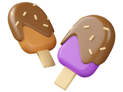 Two Orange Purple Ice Cream Bars With Chocolate Coating And Nut Sprinkles On Wooden Sticks 3d model