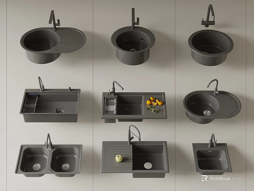 Modern Kitchen Sink Designs with Single Double Bowls and Drain Boards 3d model 