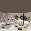 Modern Café Interior With Wooden Partition Green Plants White Planters And Curved Design