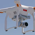 White Drone With Four Propellers And Camera Flying In Blue Sky 3d model