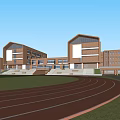 Modern Multi level School Building With Orange Brick Exterior Large Windows Terraces And Playground Running Track