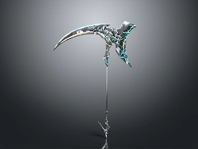 Futuristic Silver Scythe Weapon With Intricate Blue Green Accents And Long Handle 3d model
