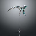 Futuristic Silver Scythe Weapon With Intricate Blue Green Accents And Long Handle
