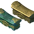Ornate Decorative Coffins With Gold Green Accents And Intricate Carvings On Wheel Bases