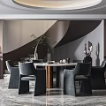 Modern Luxury Restaurant Interior With Round Dining Table Gray Chairs Marble Floor And Wooden Walls 3d model