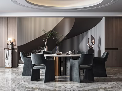 Modern Luxury Restaurant Interior With Round Dining Table Gray Chairs Marble Floor And Wooden Walls 3d model