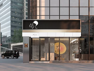 Modern Urban Storefront Design With Glass Doors Black Signage And Circular Decor 3d model