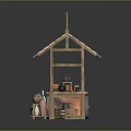Traditional Pottery Stall With Straw Roof Wooden Cart And Ceramic Vases Jars