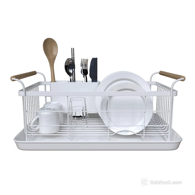 White Dishware Set With Drying Rack Plates Mugs And Wooden Handle Utensils 3d model 