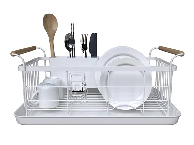White Dishware Set With Drying Rack Plates Mugs And Wooden Handle Utensils 3d model