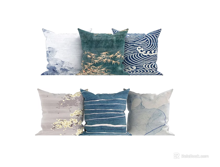 Modern Decorative Throw Pillows With Blue Green Gray Patterns For Home Sofa Decor 3d model