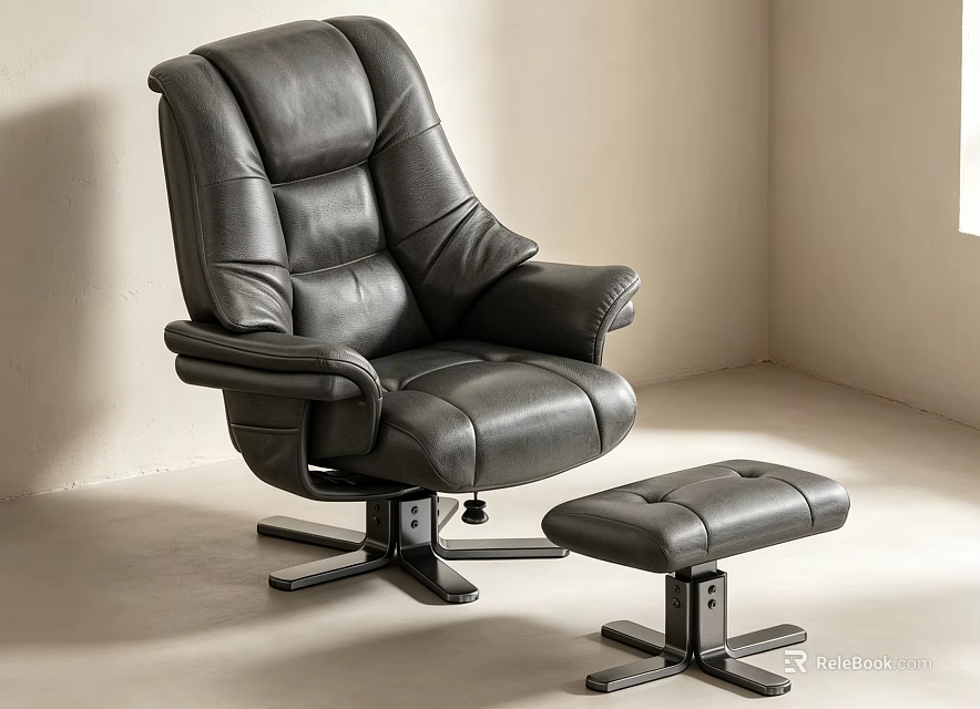 Black Leather High Back Office Chair With Swivel Base And Matching Ottoman 3d model 