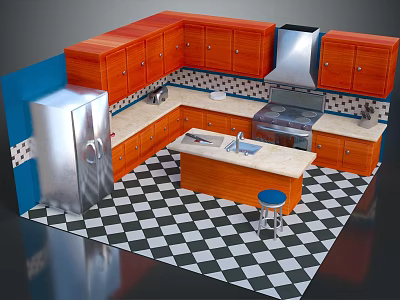Kitchen Interior With Wooden Cabinets Stainless Steel Refrigerator Island And Black White Checkered Floor 3d model