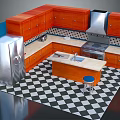 Kitchen Interior With Wooden Cabinets Stainless Steel Refrigerator Island And Black White Checkered Floor