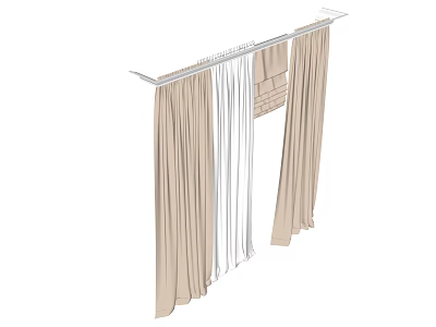 Beige Fabric Curtains With White Sheer Panels Draped On Metal Rod 3d model