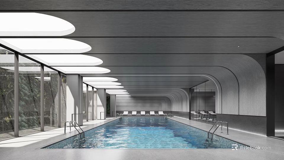 Modern Indoor Swimming Pool With Blue Water Round Ceiling Lights And Glass Windows 3d model 