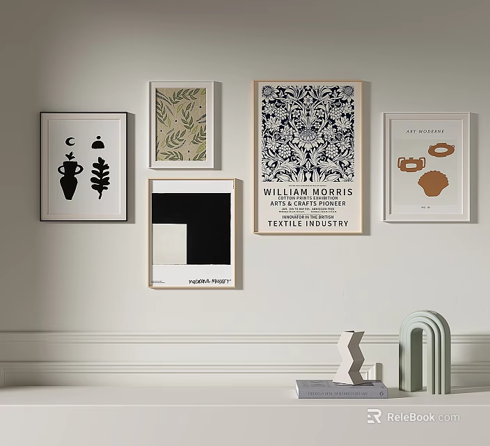 Stylish Interior Wall Display With Framed Artworks Various Patterns And Decorative Geometric Objects 3d model