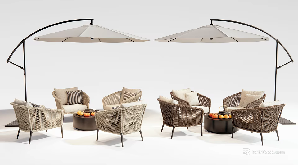 Modern Outdoor Rattan Chairs With Curved Umbrellas Side Tables And Fruit Baskets 3d model 