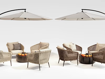 Modern Outdoor Rattan Chairs With Curved Umbrellas Side Tables And Fruit Baskets 3d model