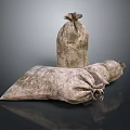 Aged Mossy Burlap Sacks As Rustic Household Items With Textured Surface And Set Of Three
