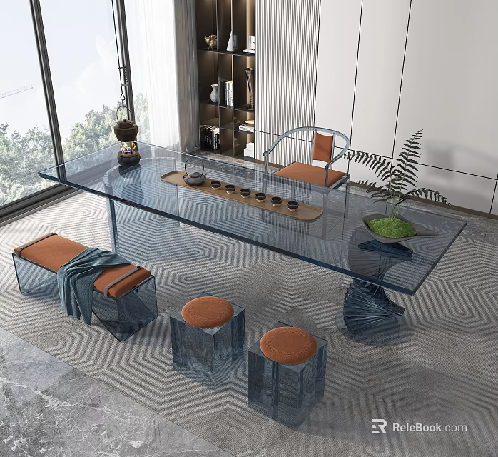 Modern Glass Tea Table and Chairs with Transparent Base Orange Cushions and Green Plant 3d model 