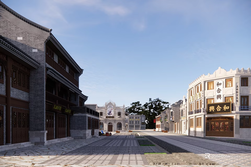 Traditional Chinese Commercial Street With Classical Shops Stone Road And Green Trees Under Blue Sky 3d model 