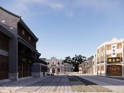 Traditional Chinese Commercial Street With Classical Shops Stone Road And Green Trees Under Blue Sky 3d model