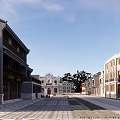 Traditional Chinese Commercial Street With Classical Shops Stone Road And Green Trees Under Blue Sky
