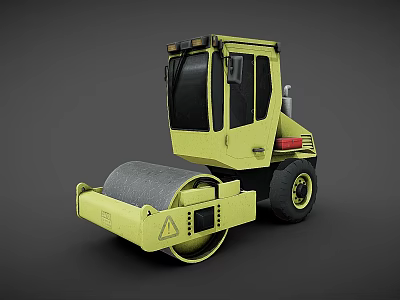 Yellow Heavy Duty Road Roller With Single Drum Cab And Safety Sign 3d model