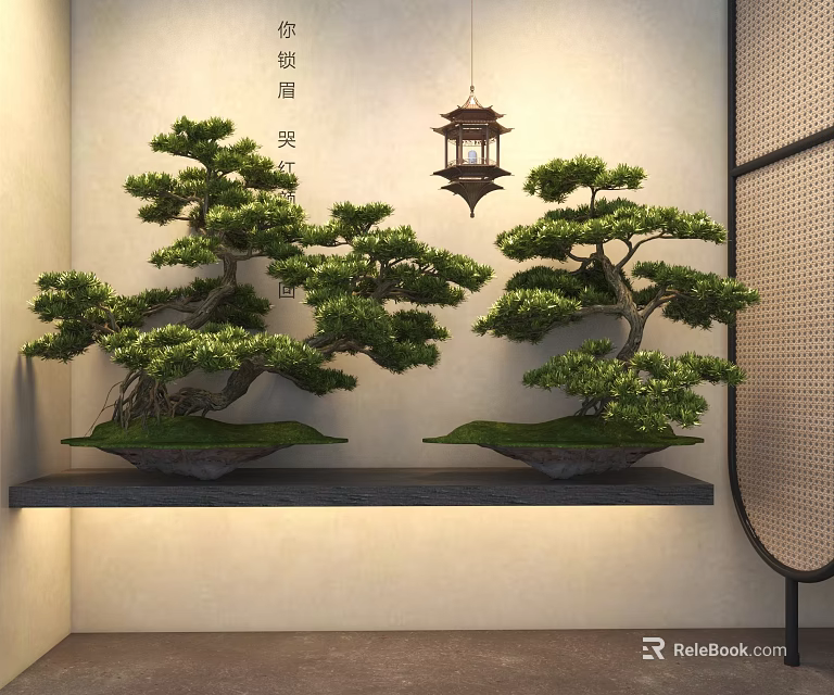 Serene Chinese Bonsai Plants Displayed On Dark Shelf With Hanging Lantern 3d model 