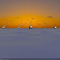 Breathtaking Sunset Seascape With Orange Clouds Seagulls And Boats On Calm Water Reflecting Golden Hues
