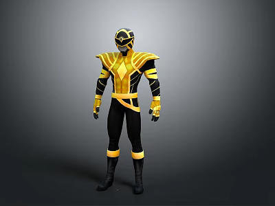 Black And Yellow Armored Superhero Character With Costume Design And Helmet 3d model
