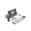 Modern Workspace Setup With iMac Keyboard Notebook Coffee Cup Flowers And Water Bottle