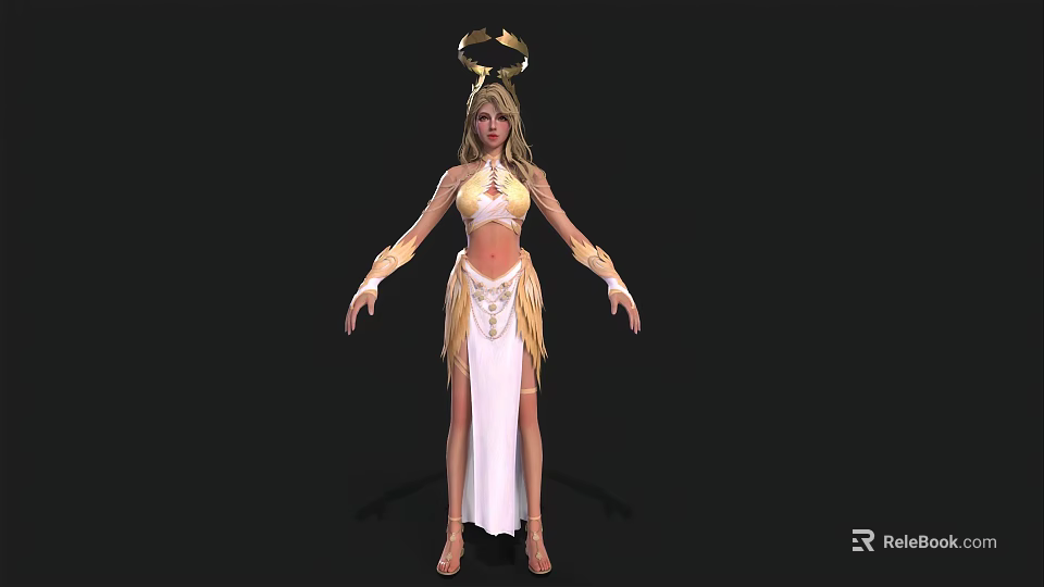 Woman With Long Blonde Hair In Golden Headdress And White Skirt With Fringes And Decorations 3d model 
