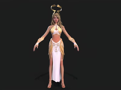 Woman With Long Blonde Hair In Golden Headdress And White Skirt With Fringes And Decorations 3d model