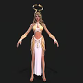Woman With Long Blonde Hair In Golden Headdress And White Skirt With Fringes And Decorations