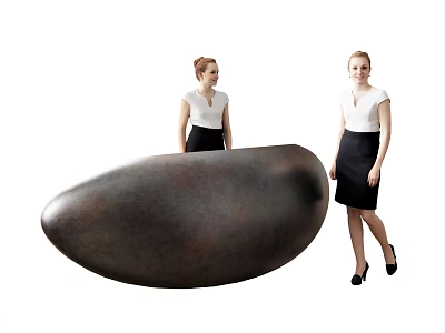 Two Women In White Blouses And Black Skirts Standing By Large Oval Object 3d model