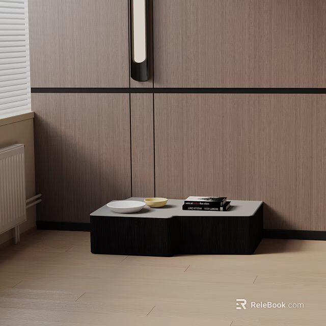 Modern Sofa And Coffee Table Set With Black Table Wooden Wall And Decor Items 3d model