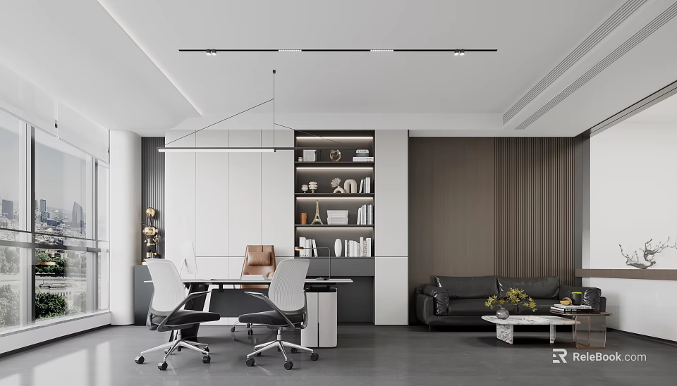 Modern Office Interior with Meeting Table Office Chairs Bookshelf Sofa and Floor to Ceiling Windows 3d model 