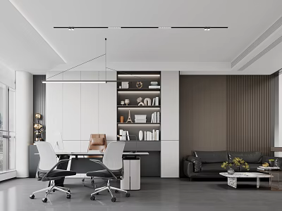 Modern Office Interior with Meeting Table Office Chairs Bookshelf Sofa and Floor to Ceiling Windows 3d model
