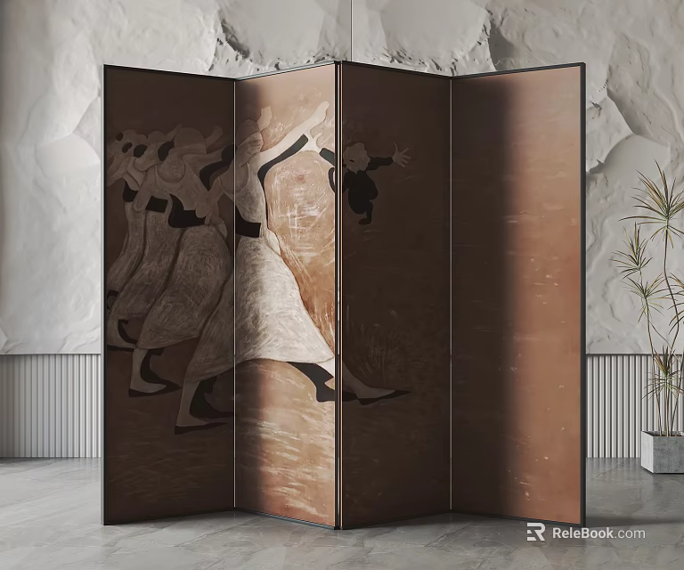 Folding Screen With Dancing Figures Design Brown Tones In Modern Interior Decor 3d model