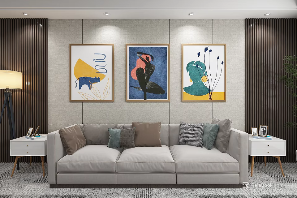 Modern Living Room With Three Abstract Paintings On Wall And Comfortable Sofa 3d model 