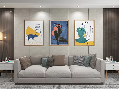 Modern Living Room With Three Abstract Paintings On Wall And Comfortable Sofa 3d model